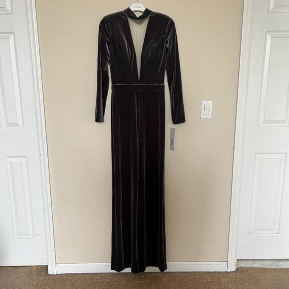 Jovani Women's Charcoal Velvet Jumpsuit Mesh Plunging V-Neckline Long Sleeve 8 - Picture 1 of 11